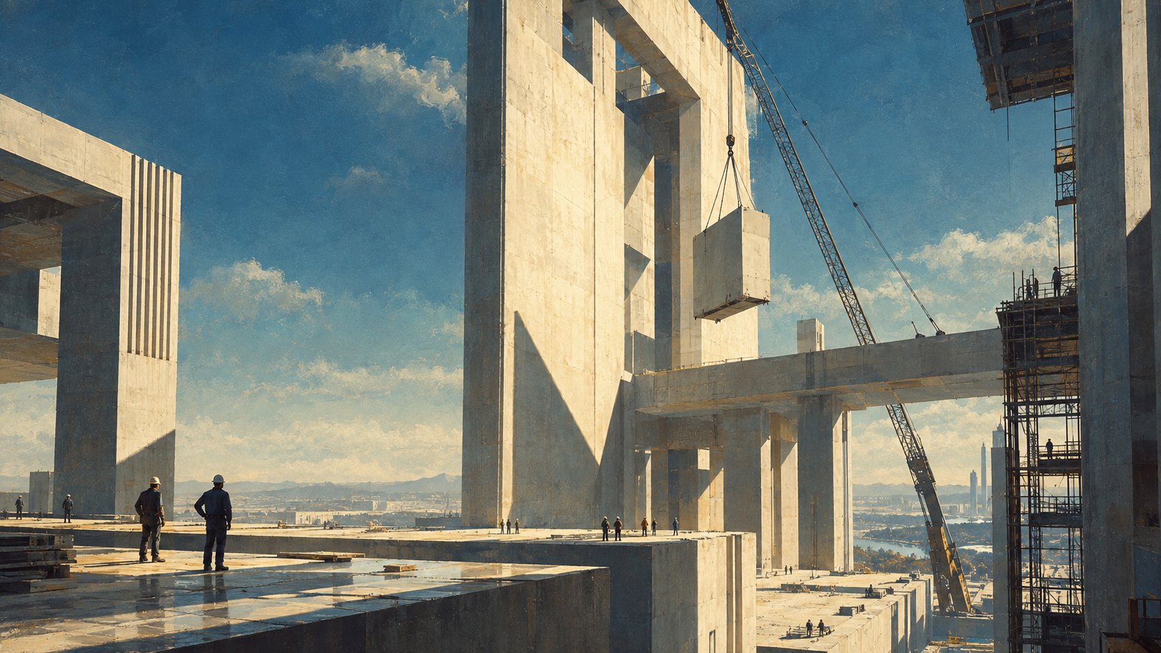 Construction crews on a concrete deck as a crane lifts a block between monumental pillars.